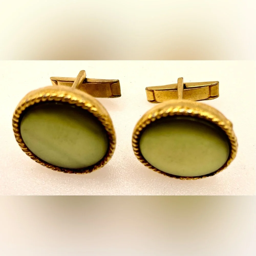 Vintage MCM Gold Tone Round Cufflinks Olive Green Moonglow Lucite